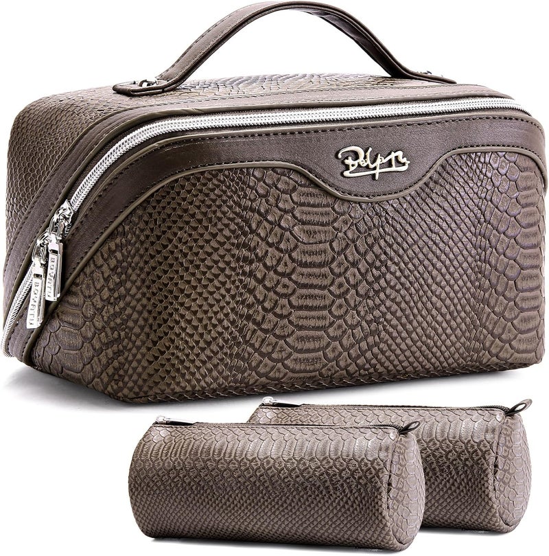 BOYATU Travel Makeup Bags for Women: 3 Pcs Set Wide Open Cosmetic Bag - Portable Make up Bags with Handle - Vegan Leather Toiletry Organizer Bag with Divider (G-03-Coffee) - Image 1